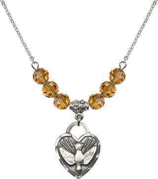 18" Rhodium Plated Necklace with 4mm Topaz Crystal Beads featuring a Sterling Silver Confirmation Heart Medal. Engraved Catholic Saint Jewelry