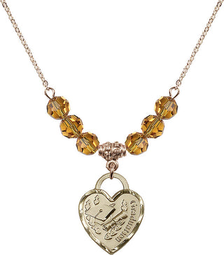 18" Hamilton Gold Plated Necklace with 4mm Topaz Crystal Beads featuring a 14kt Gold Filled Graduation Heart Medal. Engraved Catholic Saint Jewelry