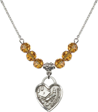 18" Rhodium Plated Necklace with 4mm Topaz Crystal Beads featuring a Sterling Silver Graduation Heart Medal. Engraved Catholic Saint Jewelry
