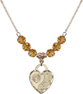 18" Hamilton Gold Plated Necklace with 4mm Topaz Crystal Beads featuring a 14kt Gold Filled Footprints Heart Medal. Engraved Catholic Saint Jewelry