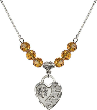18" Rhodium Plated Necklace with 4mm Topaz Crystal Beads featuring a Sterling Silver Footprints Heart Medal. Engraved Catholic Saint Jewelry