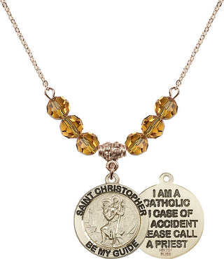 18" Hamilton Gold Plated Necklace with 4mm Topaz Crystal Beads featuring a 14kt Gold Filled Saint Christopher Medal.