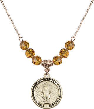 18" Hamilton Gold Plated Necklace with 4mm Topaz Crystal Beads featuring a 14kt Gold Filled Miraculous Medal.