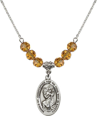 18" Rhodium Plated Necklace with 4mm Topaz Crystal Beads featuring a Sterling Silver Saint Christopher Medal. Engraved Catholic Saint Jewelry