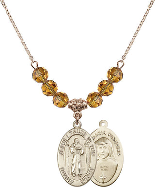18" Hamilton Gold Plated Necklace with 4mm Topaz Crystal Beads featuring a 14kt Gold Filled Divine Mercy Medal.