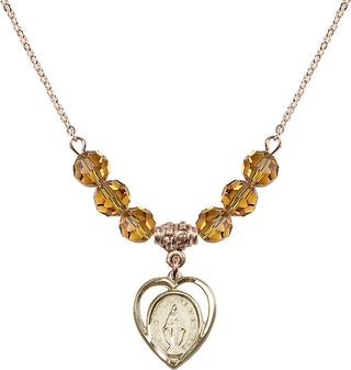 18" Hamilton Gold Plated Necklace with 4mm Topaz Crystal Beads featuring a 14kt Gold Filled Miraculous Medal.