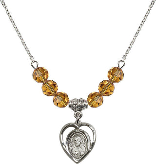 18" Rhodium Plated Necklace with 4mm Topaz Crystal Beads featuring a Sterling Silver Scapular Medal.