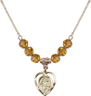 18" Hamilton Gold Plated Necklace with 4mm Topaz Crystal Beads featuring a 14kt Gold Filled Guardian Angel Medal.
