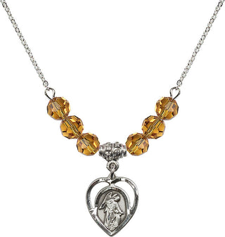 18" Rhodium Plated Necklace with 4mm Topaz Crystal Beads featuring a Sterling Silver Guardian Angel Medal.
