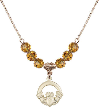 18" Hamilton Gold Plated Necklace with 4mm Topaz Crystal Beads featuring a 14kt Gold Filled Claddagh Medal.