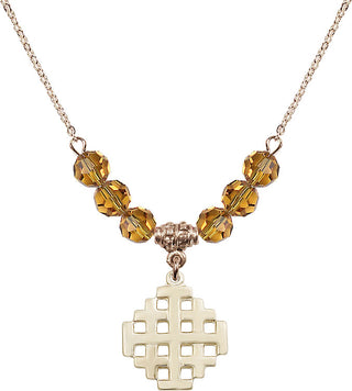 18" Hamilton Gold Plated Necklace with 4mm Topaz Crystal Beads featuring a 14kt Gold Filled Jerusalem Cross Medal.