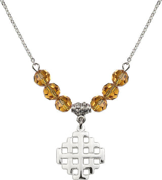 18" Rhodium Plated Necklace with 4mm Topaz Crystal Beads featuring a Sterling Silver Jerusalem Cross Medal.