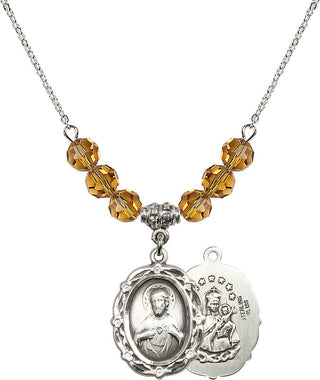 18" Rhodium Plated Necklace with 4mm Topaz Crystal Beads featuring a Sterling Silver Scapular Medal.