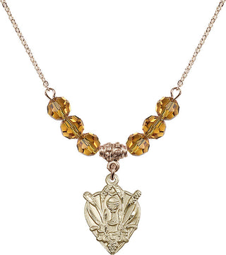 18" Hamilton Gold Plated Necklace with 4mm Topaz Crystal Beads featuring a 14kt Gold Filled Communion Medal.