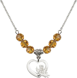 18" Rhodium Plated Necklace with 4mm Topaz Crystal Beads featuring a Sterling Silver Heart / Guardian Angel Medal.