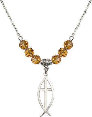 18" Rhodium Plated Necklace with 4mm Topaz Crystal Beads featuring a Sterling Silver Fish / Cross Medal.