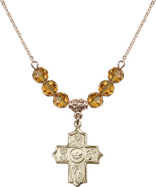 18" Hamilton Gold Plated Necklace with 4mm Topaz Crystal Beads featuring a 14kt Gold Filled 5-Way Medal.