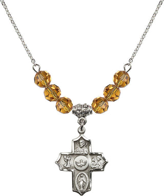 18" Rhodium Plated Necklace with 4mm Topaz Crystal Beads featuring a Sterling Silver 5-Way Medal.