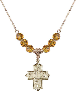 18" Hamilton Gold Plated Necklace with 4mm Topaz Crystal Beads featuring a 14kt Gold Filled 4-Way Medal.