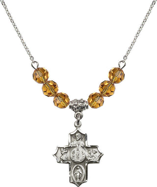 18" Rhodium Plated Necklace with 4mm Topaz Crystal Beads featuring a Sterling Silver 4-Way Medal.