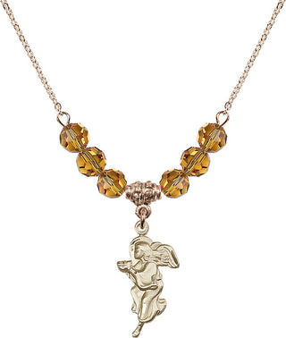 18" Hamilton Gold Plated Necklace with 4mm Topaz Crystal Beads featuring a 14kt Gold Filled Guardian Angel Medal.