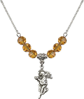 18" Rhodium Plated Necklace with 4mm Topaz Crystal Beads featuring a Sterling Silver Guardian Angel Medal.