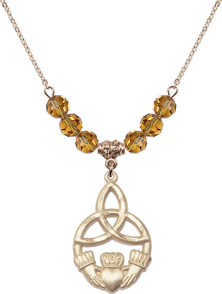 18" Hamilton Gold Plated Necklace with 4mm Topaz Crystal Beads featuring a 14kt Gold Filled Irish Knot / Claddagh Medal.