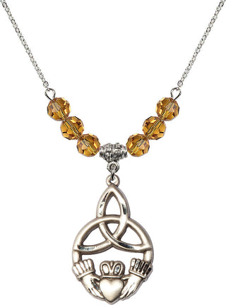 18" Rhodium Plated Necklace with 4mm Topaz Crystal Beads featuring a Sterling Silver Irish Knot / Claddagh Medal.