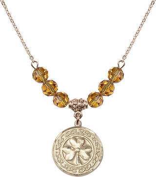 18" Hamilton Gold Plated Necklace with 4mm Topaz Crystal Beads featuring a 14kt Gold Filled Shamrock with Celtic Border Medal.