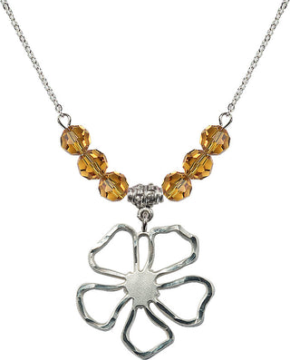 18" Rhodium Plated Necklace with 4mm Topaz Crystal Beads featuring a Sterling Silver Five Pedal Flower Medal.
