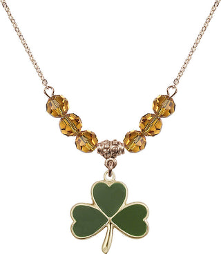 18" Hamilton Gold Plated Necklace with 4mm Topaz Crystal Beads featuring a 14kt Gold Filled Shamrock Medal.
