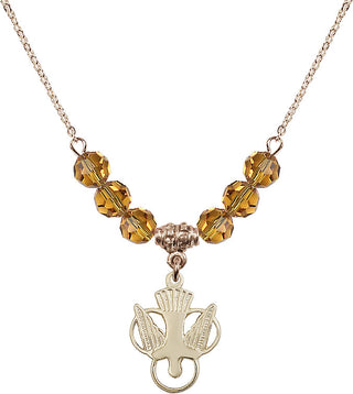 18" Hamilton Gold Plated Necklace with 4mm Topaz Crystal Beads featuring a 14kt Gold Filled Holy Spirit Medal.