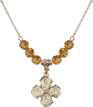 18" Hamilton Gold Plated Necklace with 4mm Topaz Crystal Beads featuring a 14kt Gold Filled 4-Way Medal.