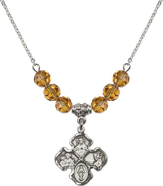 18" Rhodium Plated Necklace with 4mm Topaz Crystal Beads featuring a Sterling Silver 4-Way Medal.