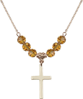 18" Hamilton Gold Plated Necklace with 4mm Topaz Crystal Beads featuring a 14kt Gold Filled Cross Medal.