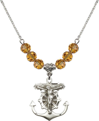 18" Rhodium Plated Necklace with 4mm Topaz Crystal Beads featuring a Sterling Silver Anchor Crucifix Medal.