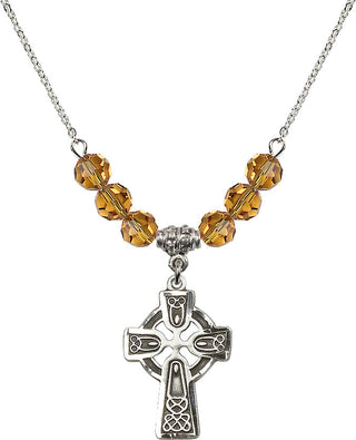 18" Rhodium Plated Necklace with 4mm Topaz Crystal Beads featuring a Sterling Silver Celtic Cross Medal.