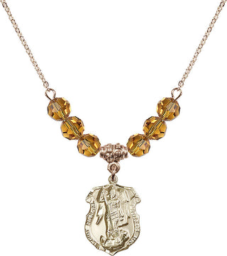 18" Hamilton Gold Plated Necklace with 4mm Topaz Crystal Beads featuring a 14kt Gold Filled Saint Michael the Archangel Medal. Engraved Catholic Saint Jewelry