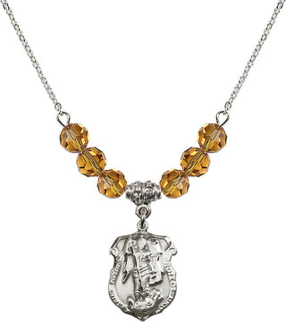 18" Rhodium Plated Necklace with 4mm Topaz Crystal Beads featuring a Sterling Silver Saint Michael the Archangel Medal. Engraved Catholic Saint Jewelry