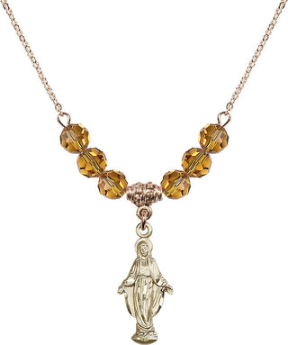 18" Hamilton Gold Plated Necklace with 4mm Topaz Crystal Beads featuring a 14kt Gold Filled Miraculous Medal.