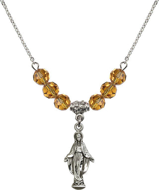 18" Rhodium Plated Necklace with 4mm Topaz Crystal Beads featuring a Sterling Silver Miraculous Medal.