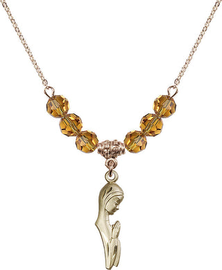 18" Hamilton Gold Plated Necklace with 4mm Topaz Crystal Beads featuring a 14kt Gold Filled Madonna Medal.
