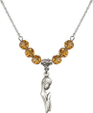 18" Rhodium Plated Necklace with 4mm Topaz Crystal Beads featuring a Sterling Silver Madonna Medal.