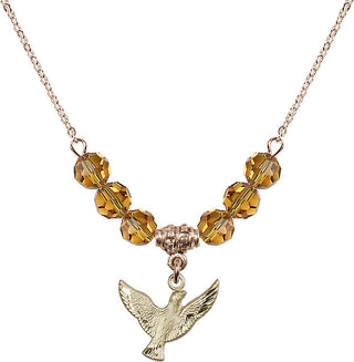 18" Hamilton Gold Plated Necklace with 4mm Topaz Crystal Beads featuring a 14kt Gold Filled Holy Spirit Medal.