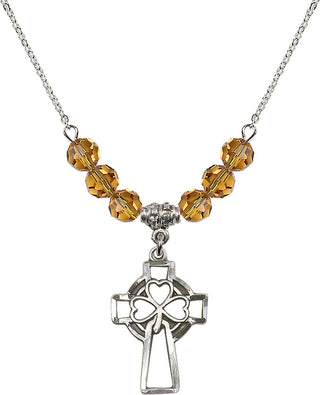 18" Rhodium Plated Necklace with 4mm Topaz Crystal Beads featuring a Sterling Silver Shamrock Cross Medal.