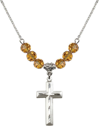18" Rhodium Plated Necklace with 4mm Topaz Crystal Beads featuring a Sterling Silver Cross Medal. Engraved Catholic Saint Jewelry