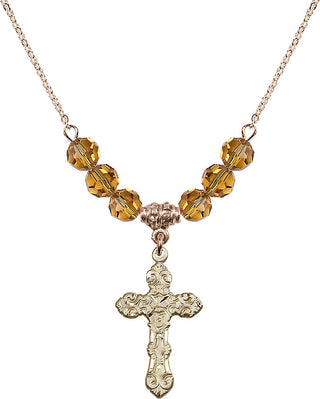 18" Hamilton Gold Plated Necklace with 4mm Topaz Crystal Beads featuring a 14kt Gold Filled Cross Medal. Engraved Catholic Saint Jewelry
