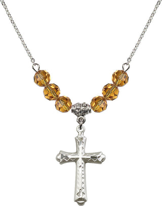 18" Rhodium Plated Necklace with 4mm Topaz Crystal Beads featuring a Sterling Silver Cross Medal. Engraved Catholic Saint Jewelry