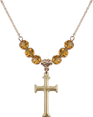 18" Hamilton Gold Plated Necklace with 4mm Topaz Crystal Beads featuring a 14kt Gold Filled Cross Medal. Engraved Catholic Saint Jewelry