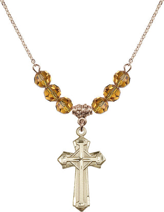 18" Hamilton Gold Plated Necklace with 4mm Topaz Crystal Beads featuring a 14kt Gold Filled Cross Medal. Engraved Catholic Saint Jewelry